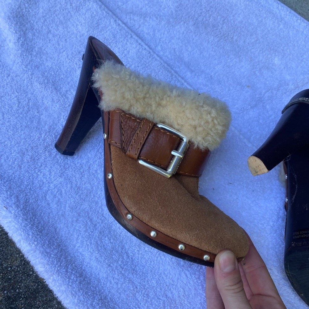 Michael Kors Brown Suede Shearling-Trim Buckle Mules